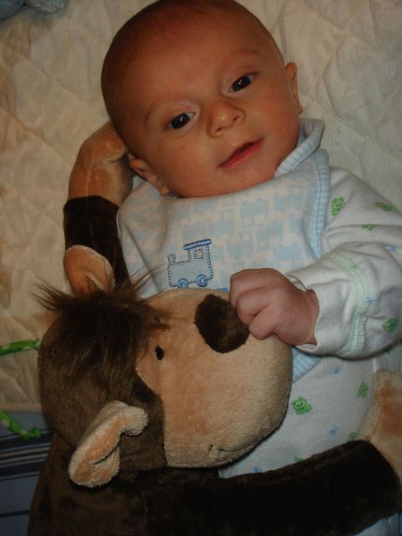 Eric at 2.5 Months with His Gift from Uncle Eddie and Aunt Tracy