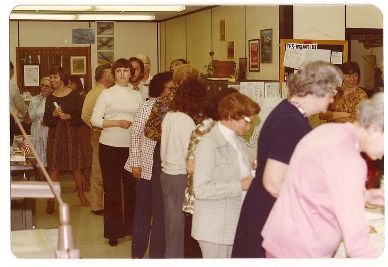 1979 Bernice Ret--Betty Hanson (paper roll), Dorothy Thomas (checkered  jacket), Ruth Ziden (blue dress)