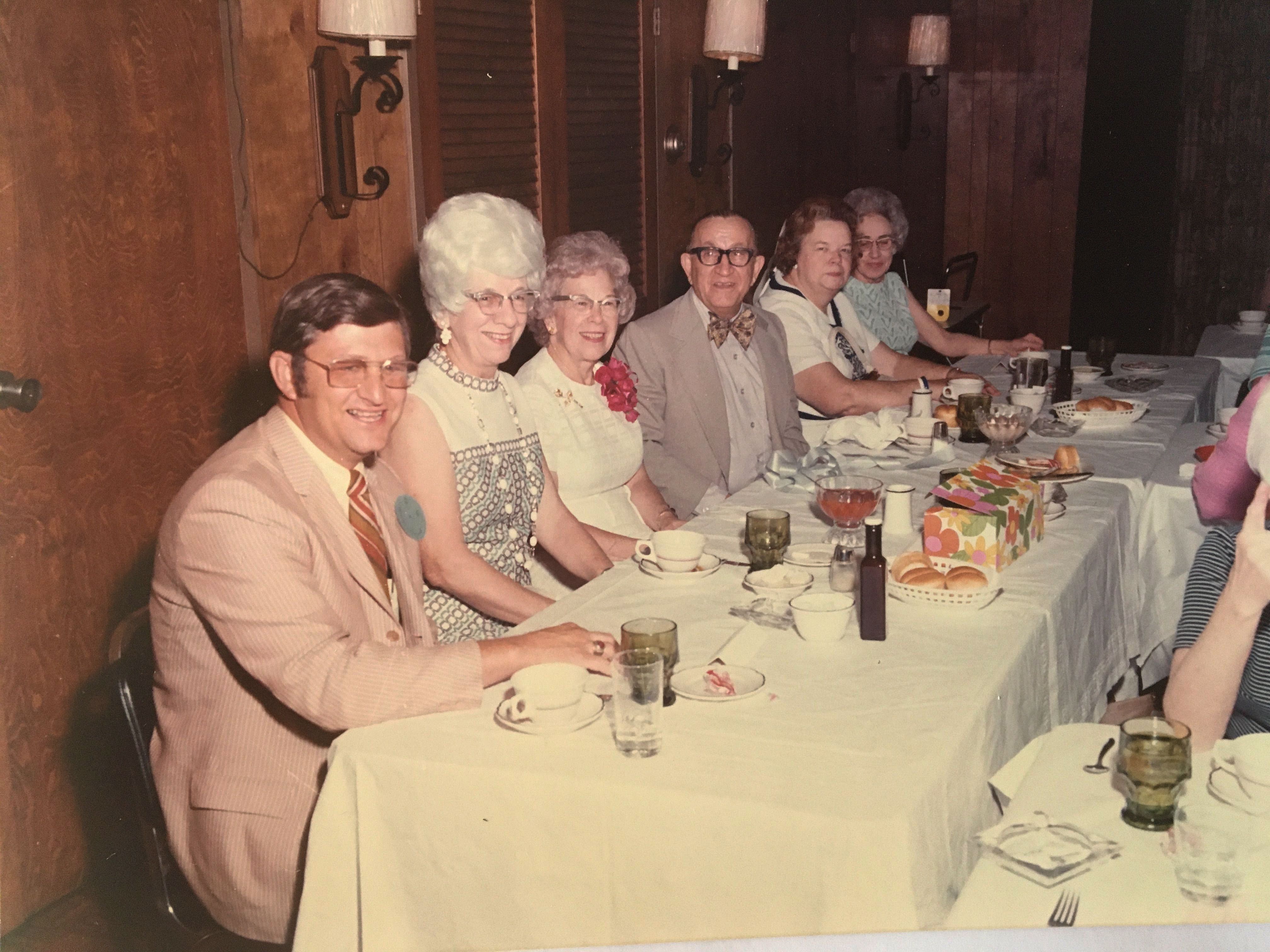 L to R: Ed Middleton, Edna Jacobs, Edith Daus, __1__, Marian  Freeman, and __2__