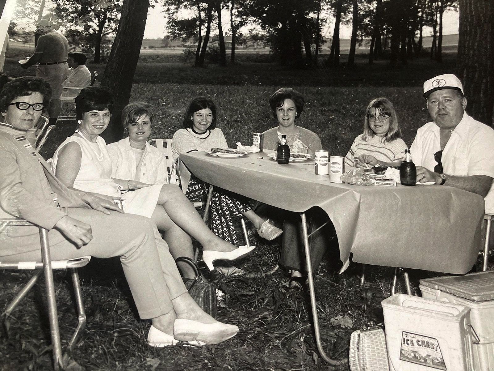 JoAnn Petras, Edith Waters, Joan Schick, __1__, JoAnn Moritz, Connie Schloss and Joe Bisher- Granite City Depot, Early 1970's